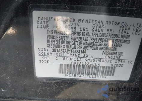 2015 Nissan Sentra Fe+ S/S/Sl/Sr/Sv z USA, uszkodzony, nr VIN 3N1AB7AP1FL634144